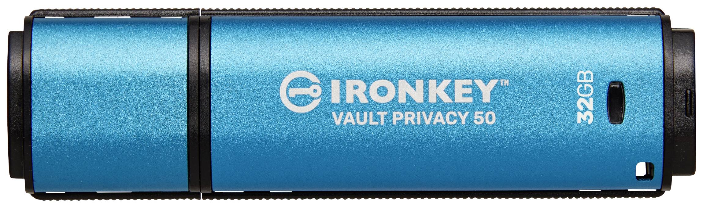 USB-stick Kingston IronKey Vault Privacy 50 met 32 GB capaciteit, in een blauwe behuizing.