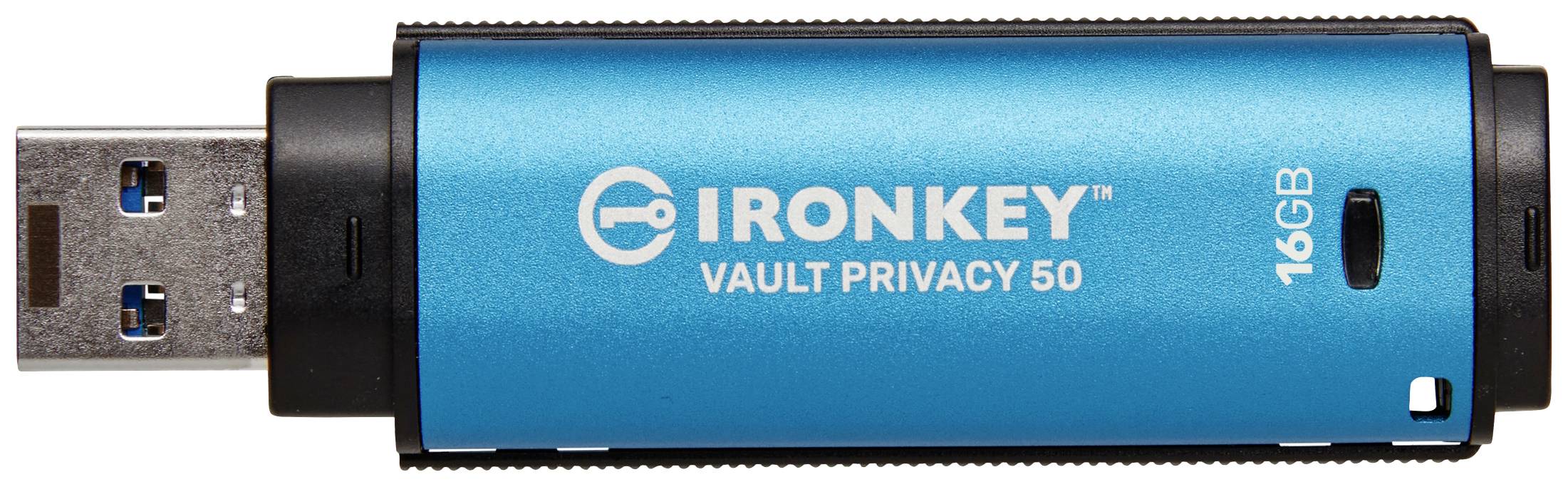 Blauwe USB-stick met de tekst 'IRONKEY Vault Privacy 50 16GB'.