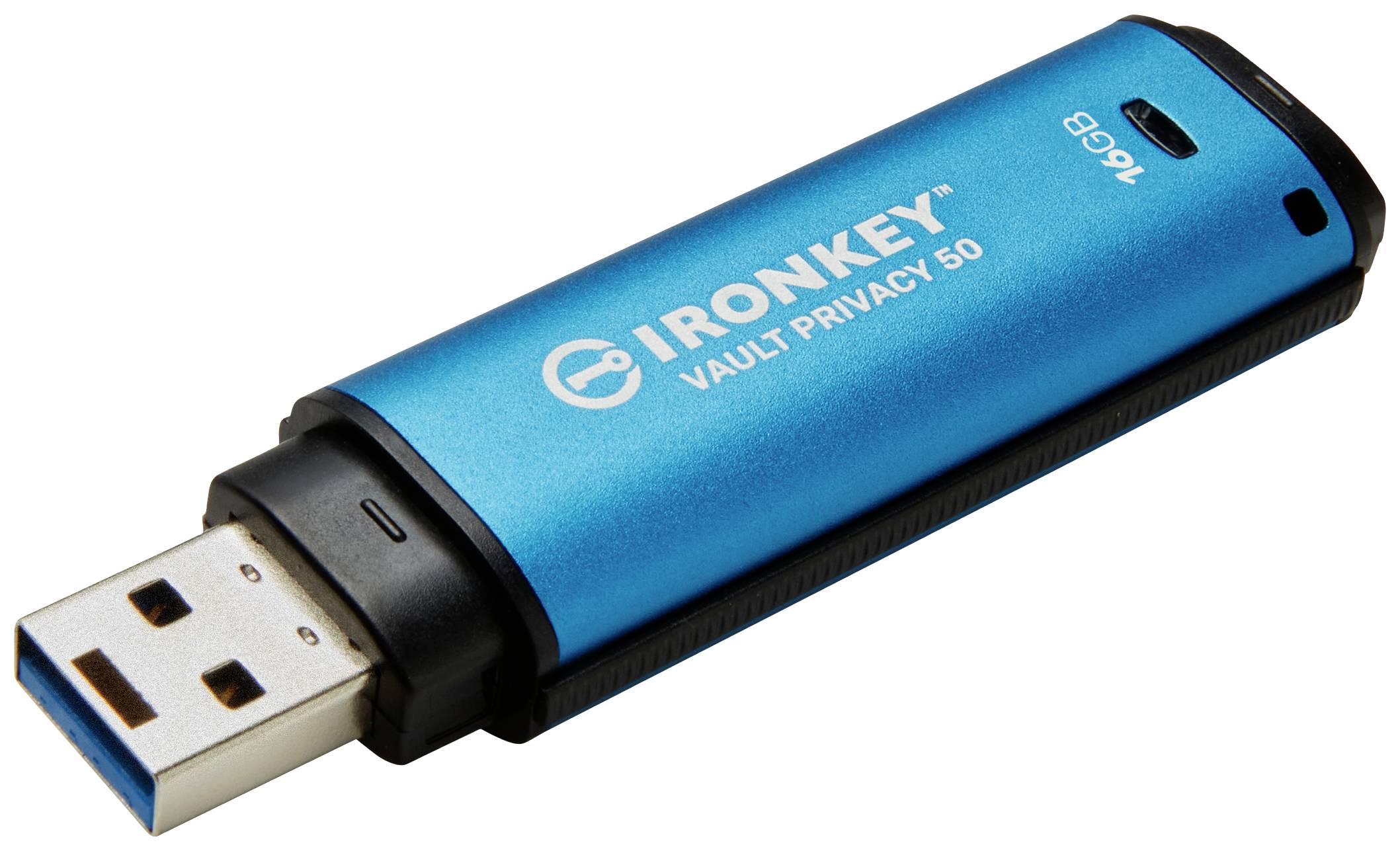 Een blauwe 16GB USB-stick van het merk IronKey, model Vault Privacy 50, op een witte achtergrond.