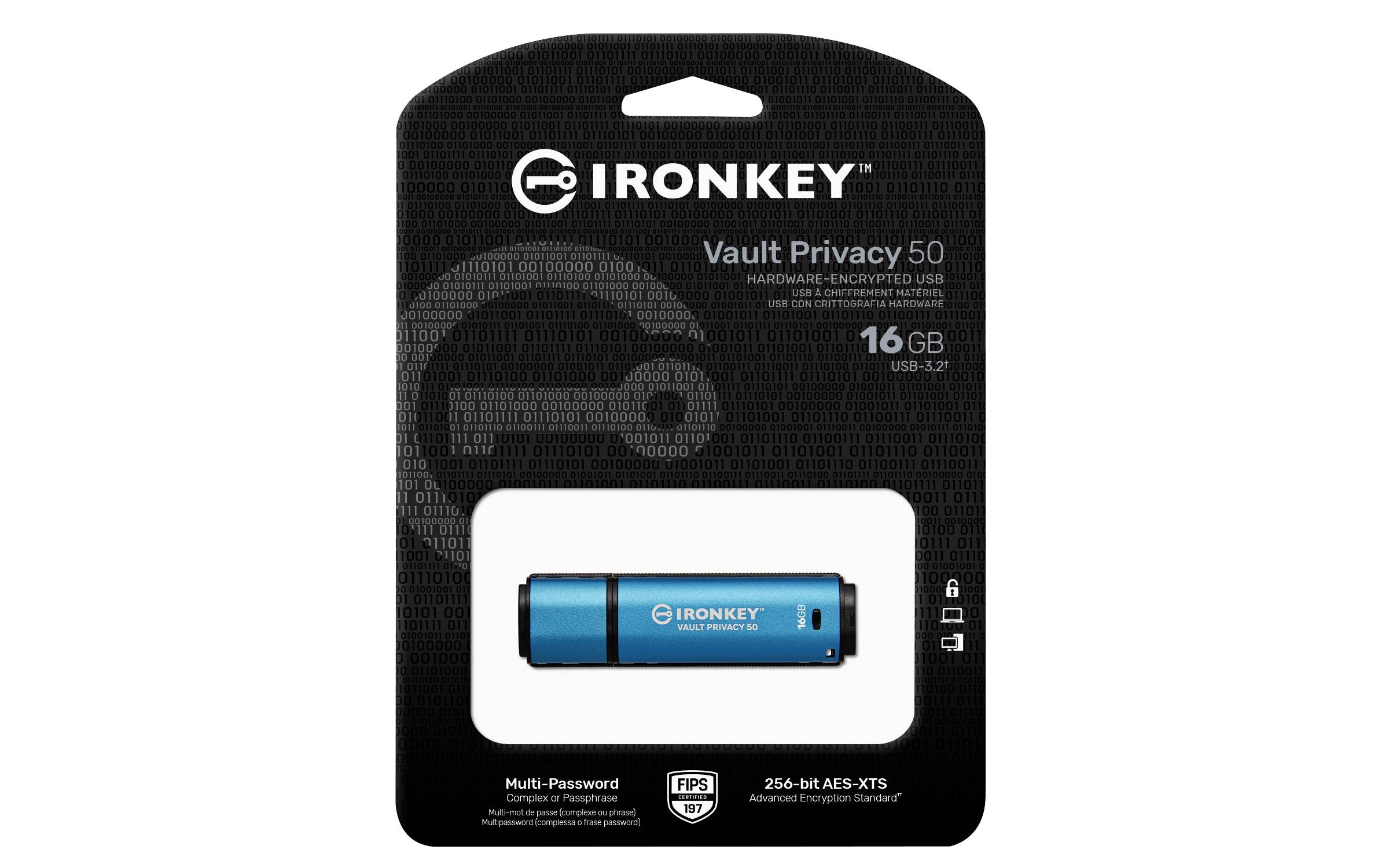 Een verpakking van een IronKey Vault Privacy 50 16GB USB-stick. Kenmerken zijn hardwarematige versleuteling, multi-wachtwoord, 256-bits AES.