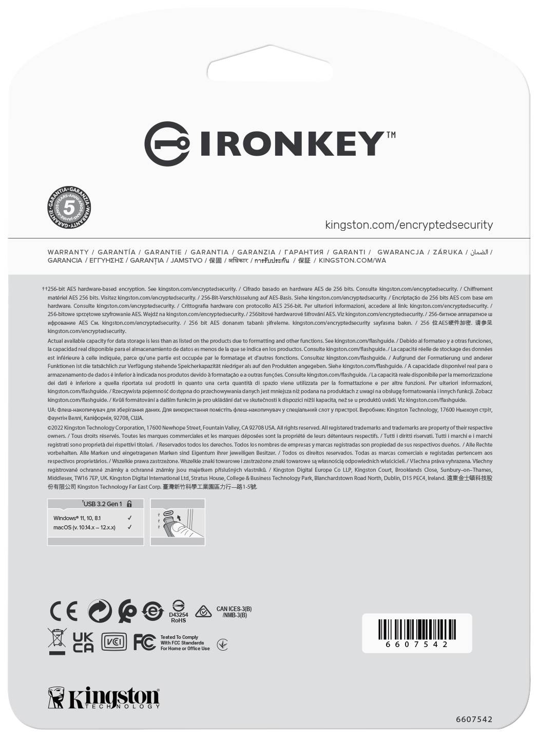 Achterkant van een IronKey-verpakking met garantie-informatie en gebruiksaanwijzingen in meerdere talen. Merklogo en contactgegevens.