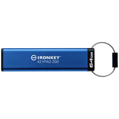 Een blauwe IronKey USB-stick met toetsenbord, 64 GB opslagcapaciteit.
