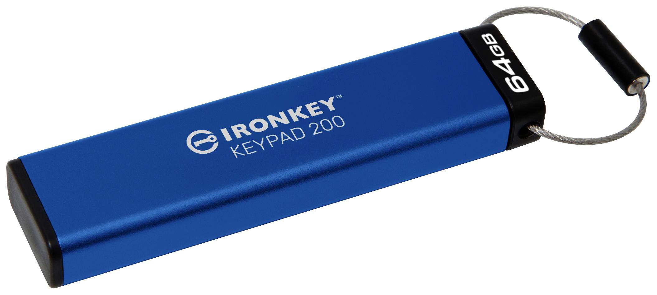Blauwe USB-stick met de opdruk 'IRONKEY KEYPAD 200' en een capaciteit van 64 GB.