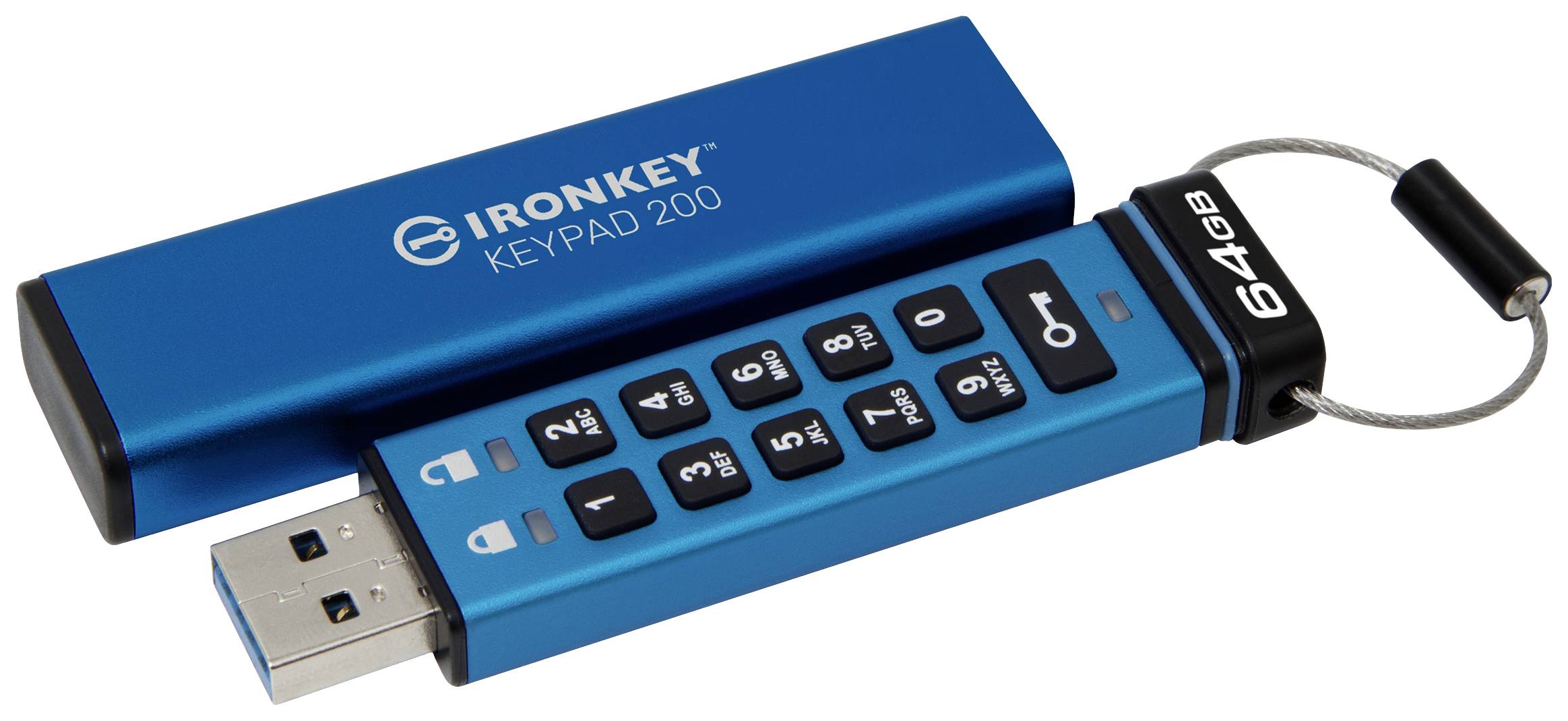 Een blauwe USB-stick met nummertoetsenblok voor het invoeren van PIN-codes voor veilige gegevensversleuteling. Tekst: 'IRONKEY KEYPAD 200', capaciteit: 64GB.
