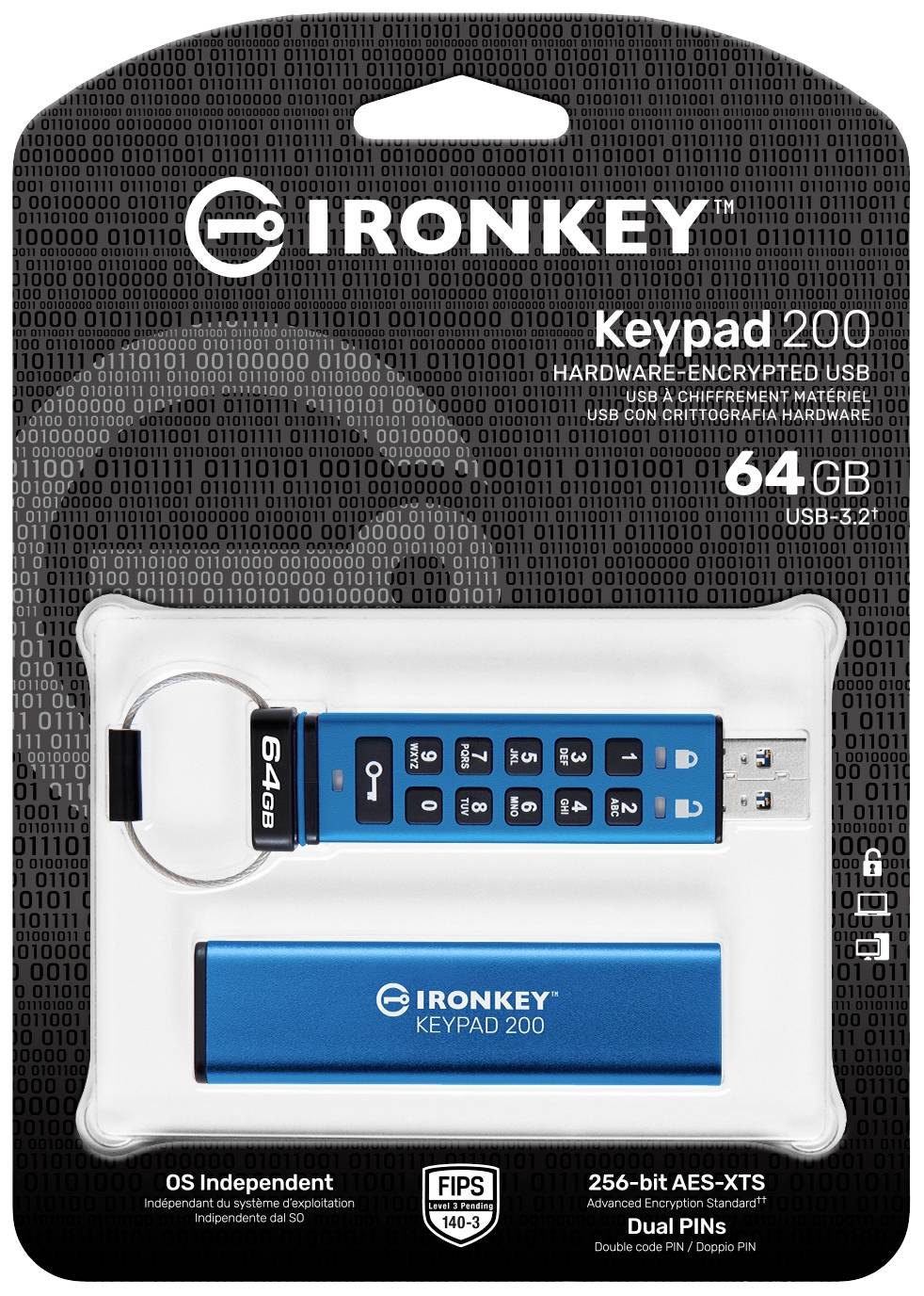 64 GB IronKey Keypad 200 USB-stick met hardwareversleuteling, blauwe pen met numeriek toetsenbord, in originele verpakking.