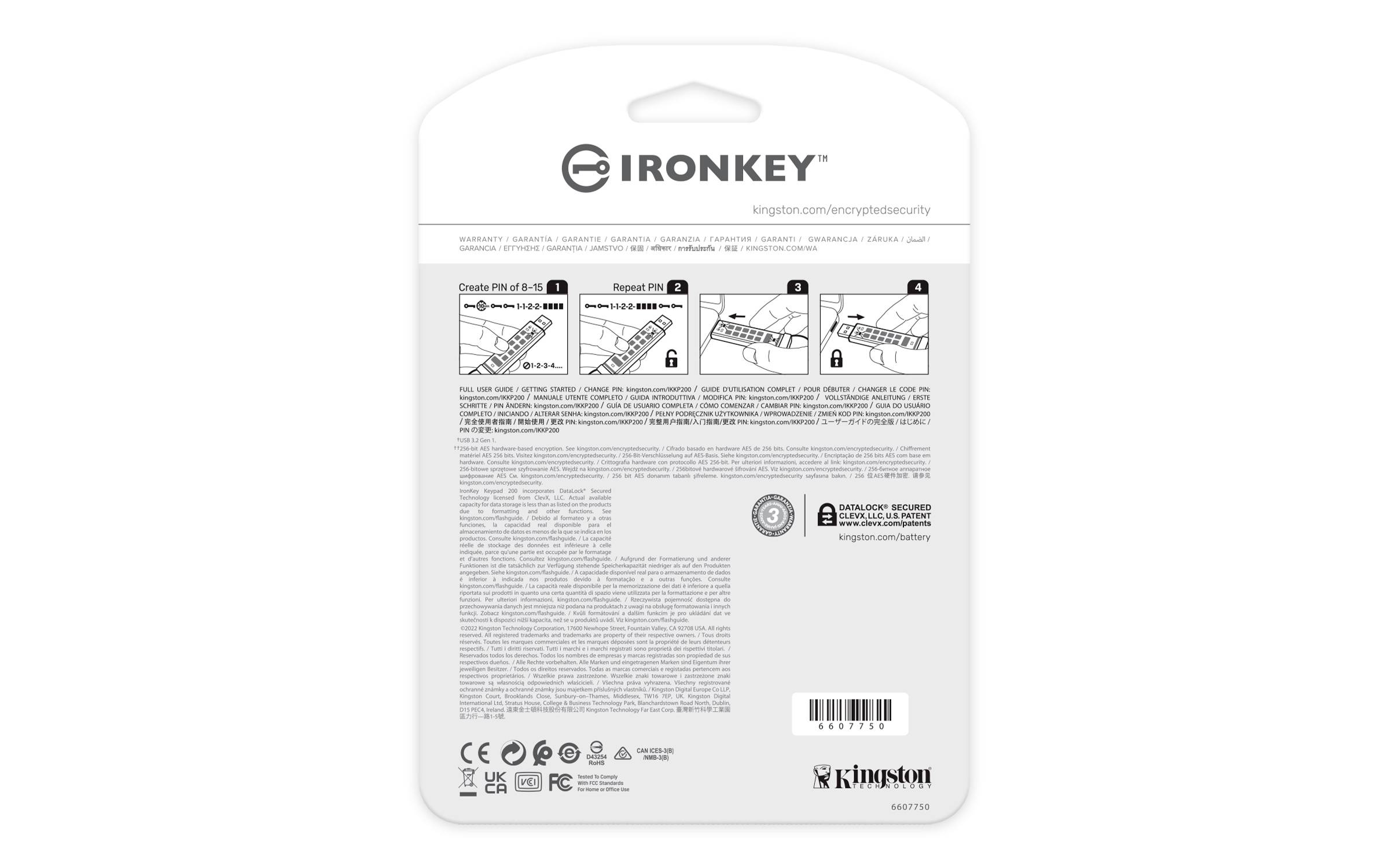 Verpakking van een IronKey-product met instructies en technische details. Bevat pictogrammen voor veilig gebruik en wettelijke opmerkingen.