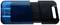 Een zwarte USB-stick met een transparante blauwe dop. De dop is gedeeltelijk verwijderd, waardoor de connector zichtbaar is.