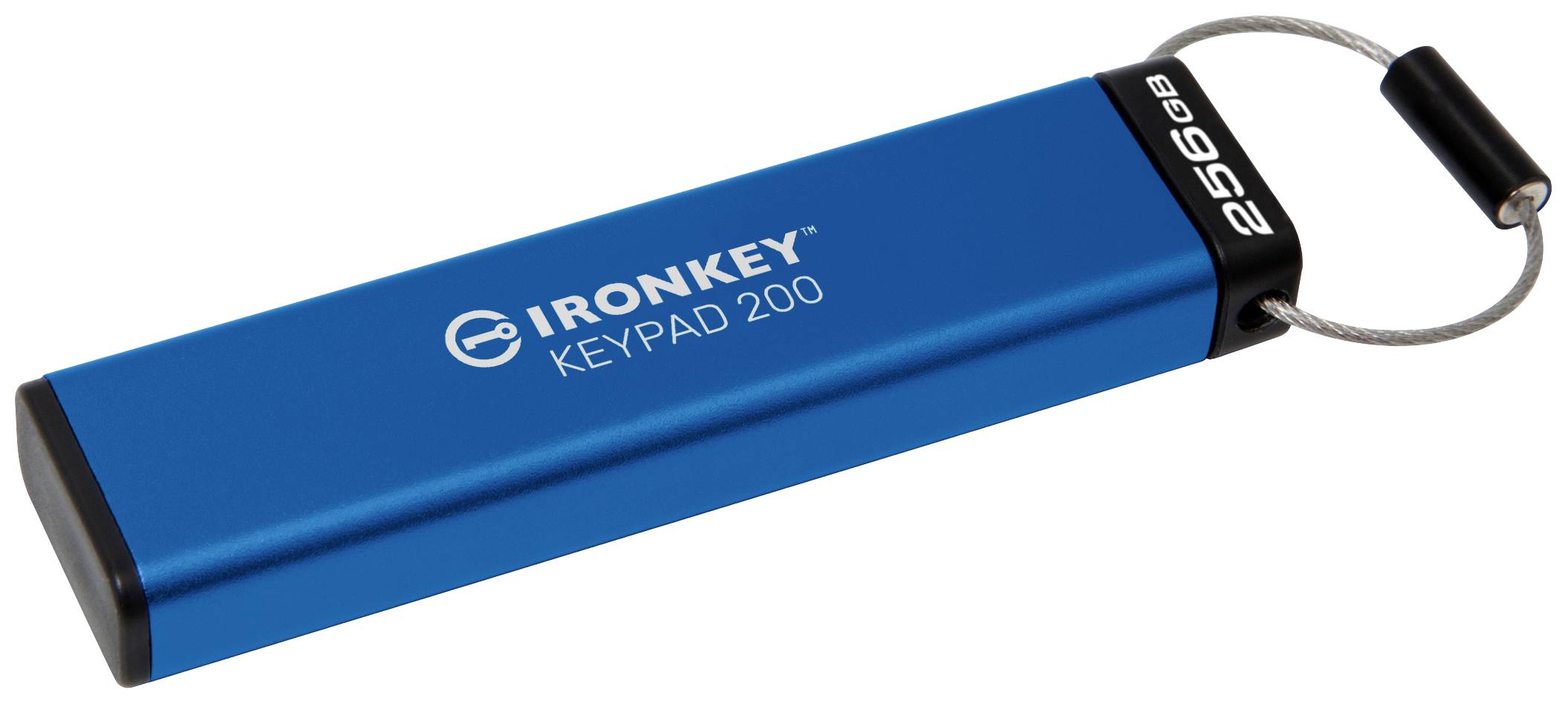 Blauwe IronKey USB-stick met toetsenbord, 256 GB opslagcapaciteit. Behuizing met kabellis voor eenvoudige bevestiging.