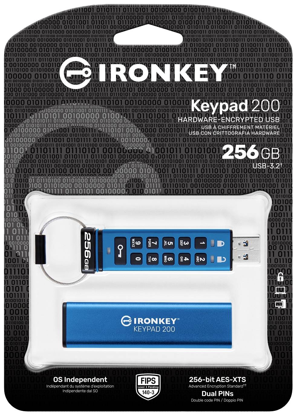 'IronKey Keypad 200': Hardware-versleutelde USB, 256 GB, USB 3.2, met numeriek toetsenbord en FIPS 140-3 certificering.