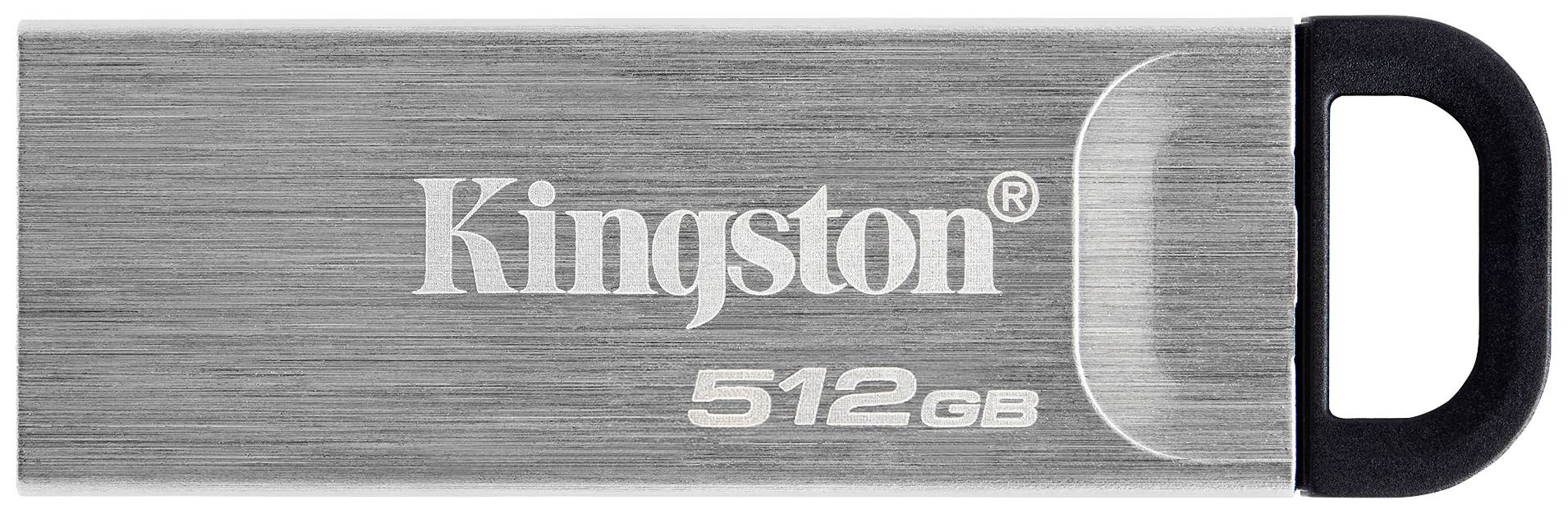 USB-stick van Kingston met 512 GB opslagcapaciteit in een metalen design met een zwarte dop.