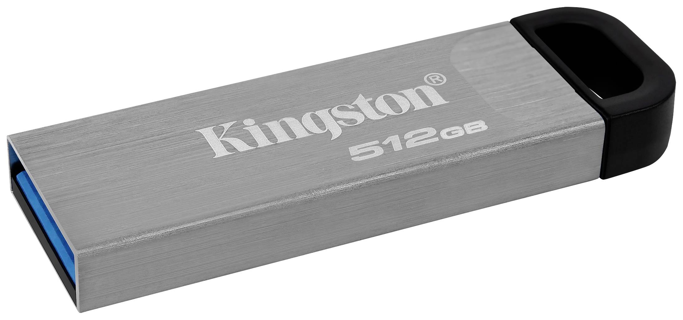 USB-stick van het merk Kingston met 512 GB opslagcapaciteit, zilveren behuizing en zwarte dop.