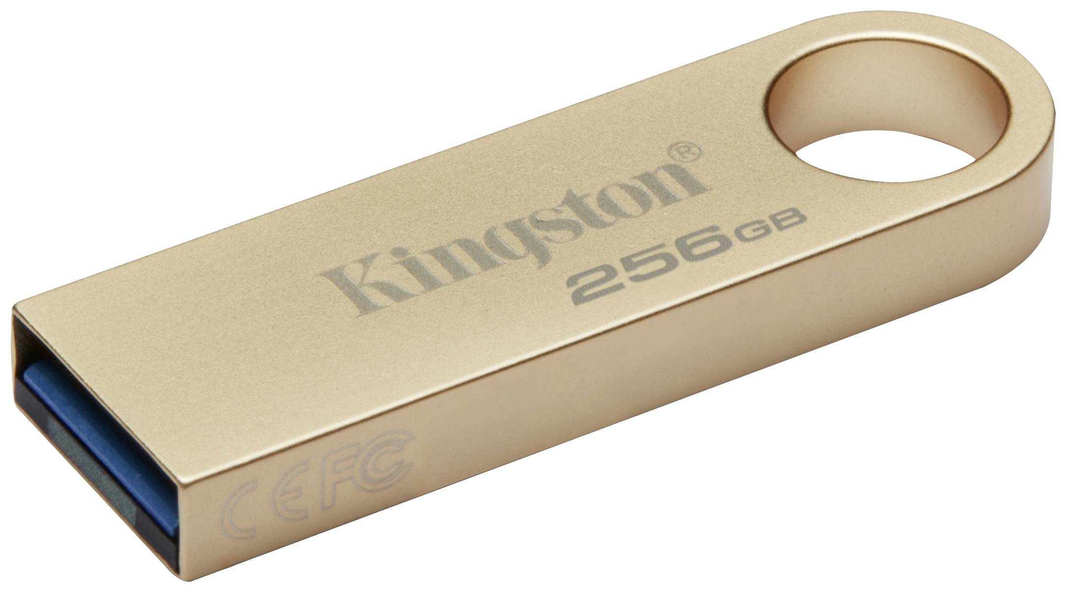 Een goudkleurige USB-stick met de opdruk 'Kingston 256GB'. De stick heeft een slanke, ovale lus voor gemakkelijk dragen of bevestigen.