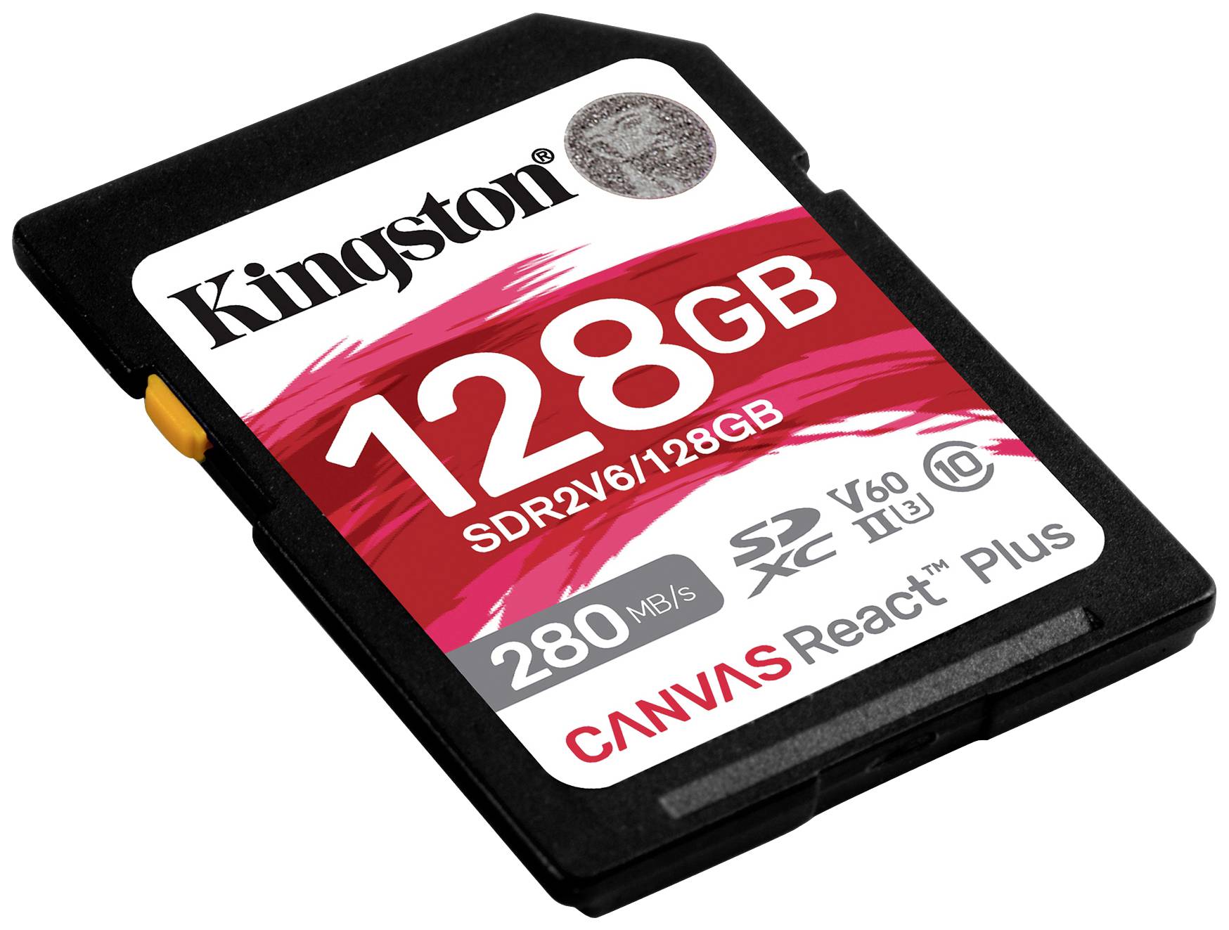 Een 128 GB SD-kaart van Kingston met een leessnelheid van 280 MB/s, geschikt voor high-definition video-opnames.
