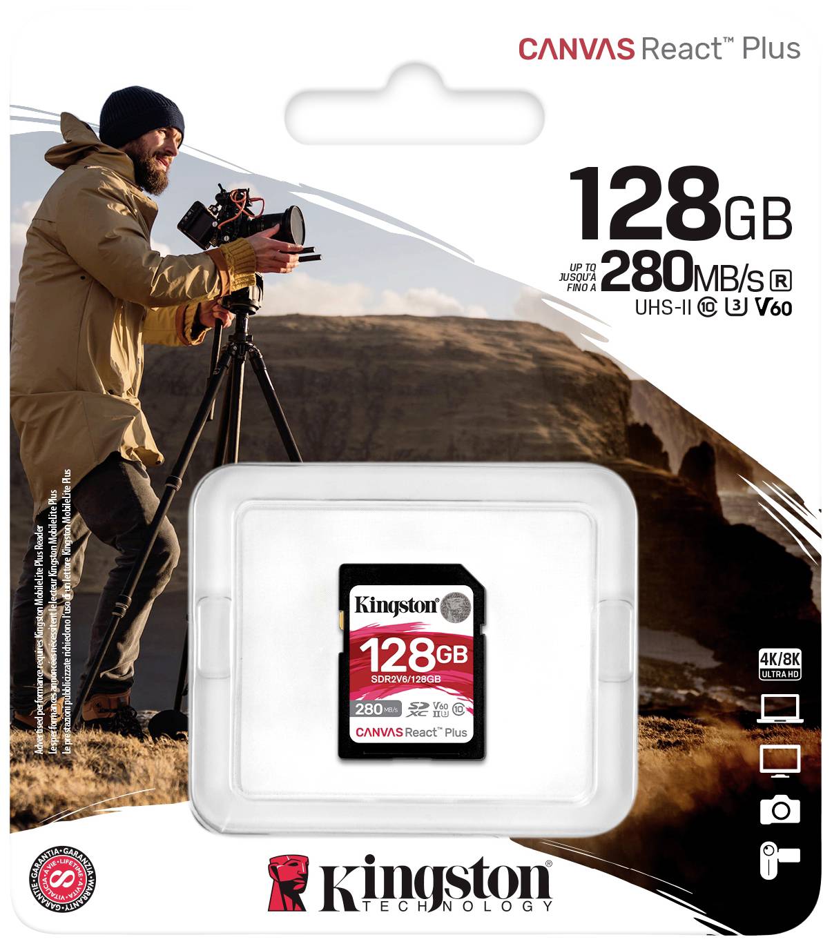 Man met camera in landschap. Verpakking van een Kingston 128GB opslagkaart zichtbaar. Tekst: 'CANVAS React Plus', '280MB/s'.