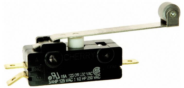 Een close-upweergave van een mechanische schakelaar met een hendel. De schakelaar geeft de volgende specificaties weer: 15A 125 of 250 VAC, 3/4 PK 125 VAC, 1/2 PK 250 VAC.
