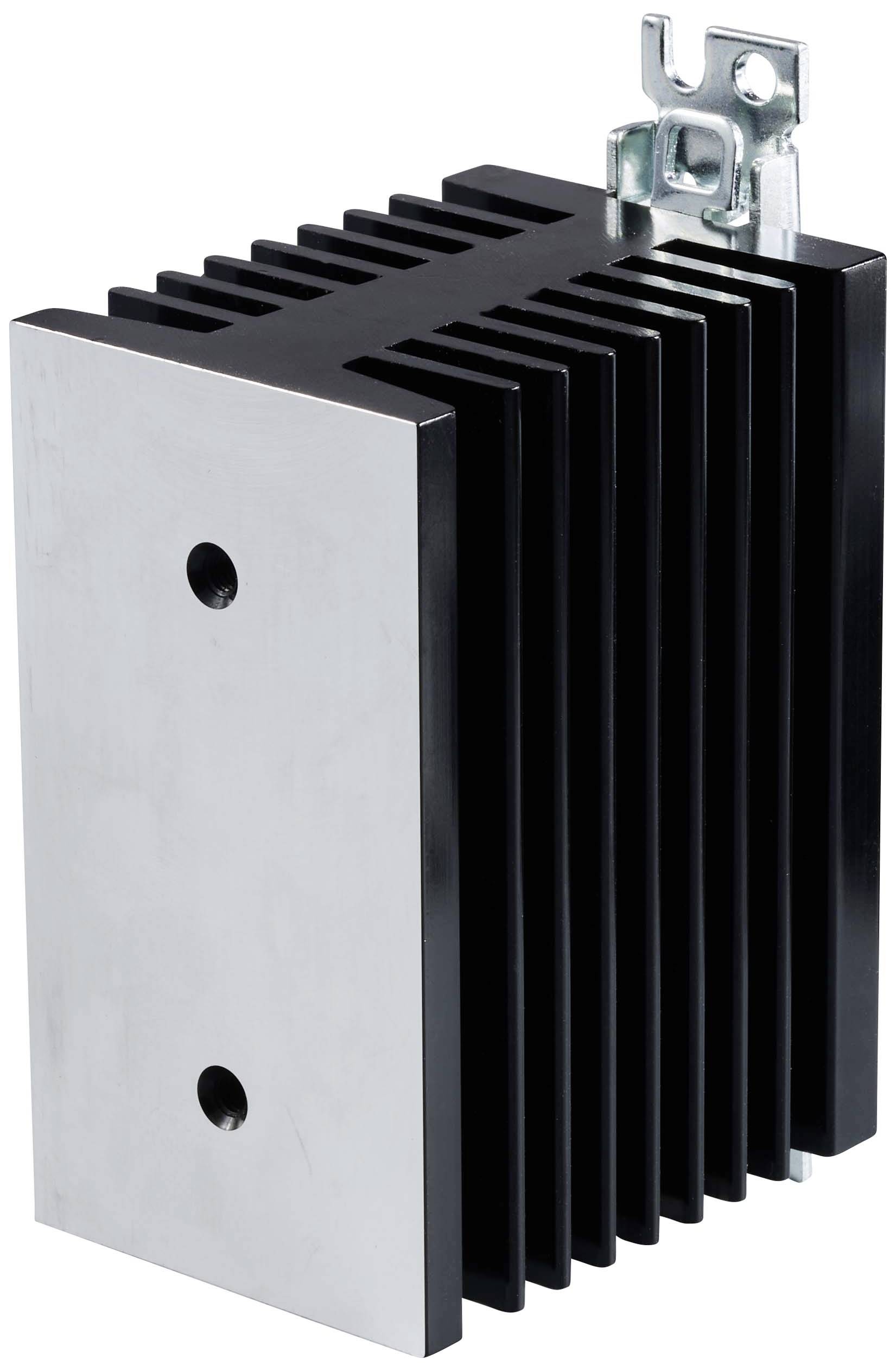 Zwarte, lamelvormige koelvin met twee montagebevestigingsgaten en metalen beugel bovenaan; wordt gebruikt voor warmteafvoer bij elektronische componenten.