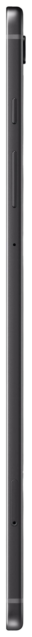 Zijaanzicht van een slank, zwart smartphone met zichtbare camera en volumeknoppen.