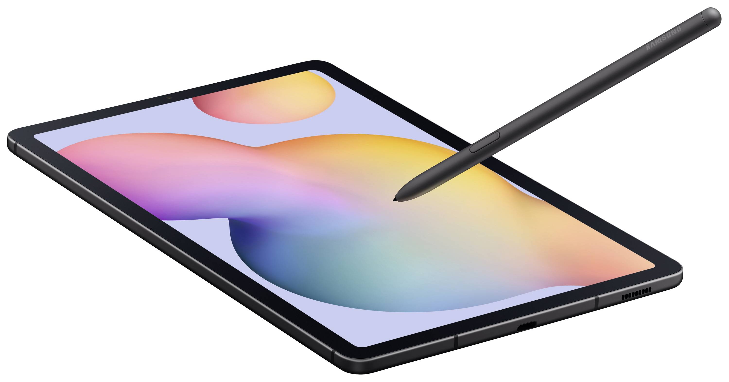 Een tablet met een digitale pen die zweeft boven het scherm, waarop kleurrijke, abstracte vormen te zien zijn.