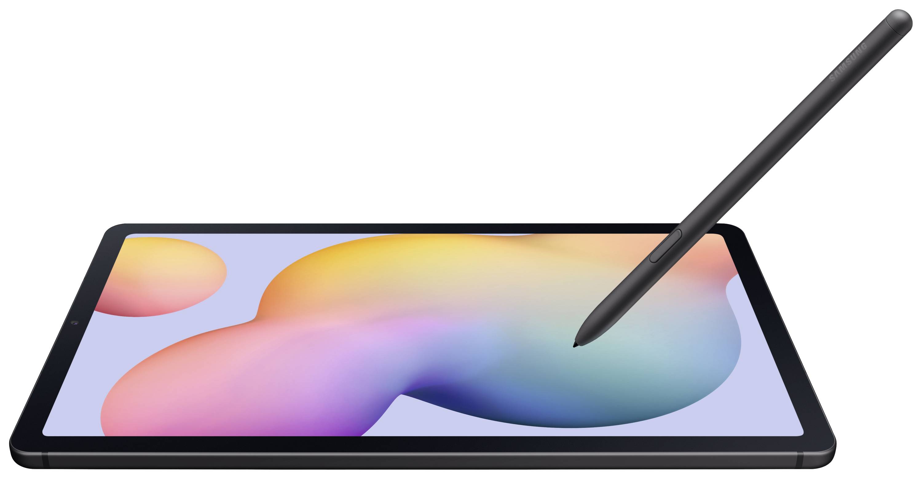 Een zwarte tabletpen raakt het scherm van een tablet waarop kleurrijke, wazig vormen worden weergegeven.