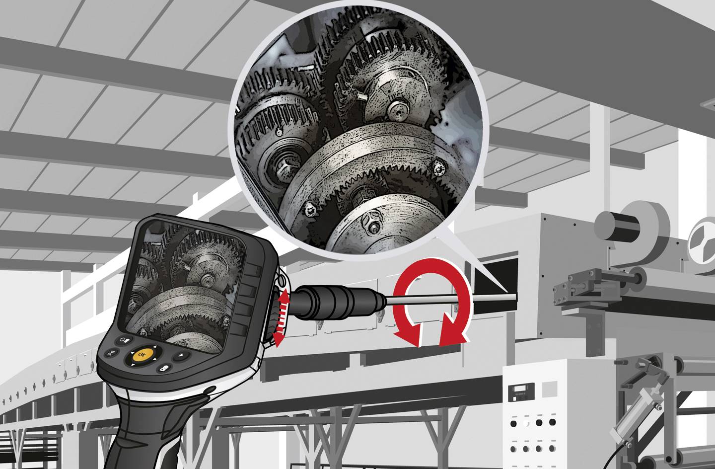 Een endoscopische camera inspecteert machinedelen met tandwielen die voor onderzoek vergroot worden weergegeven.