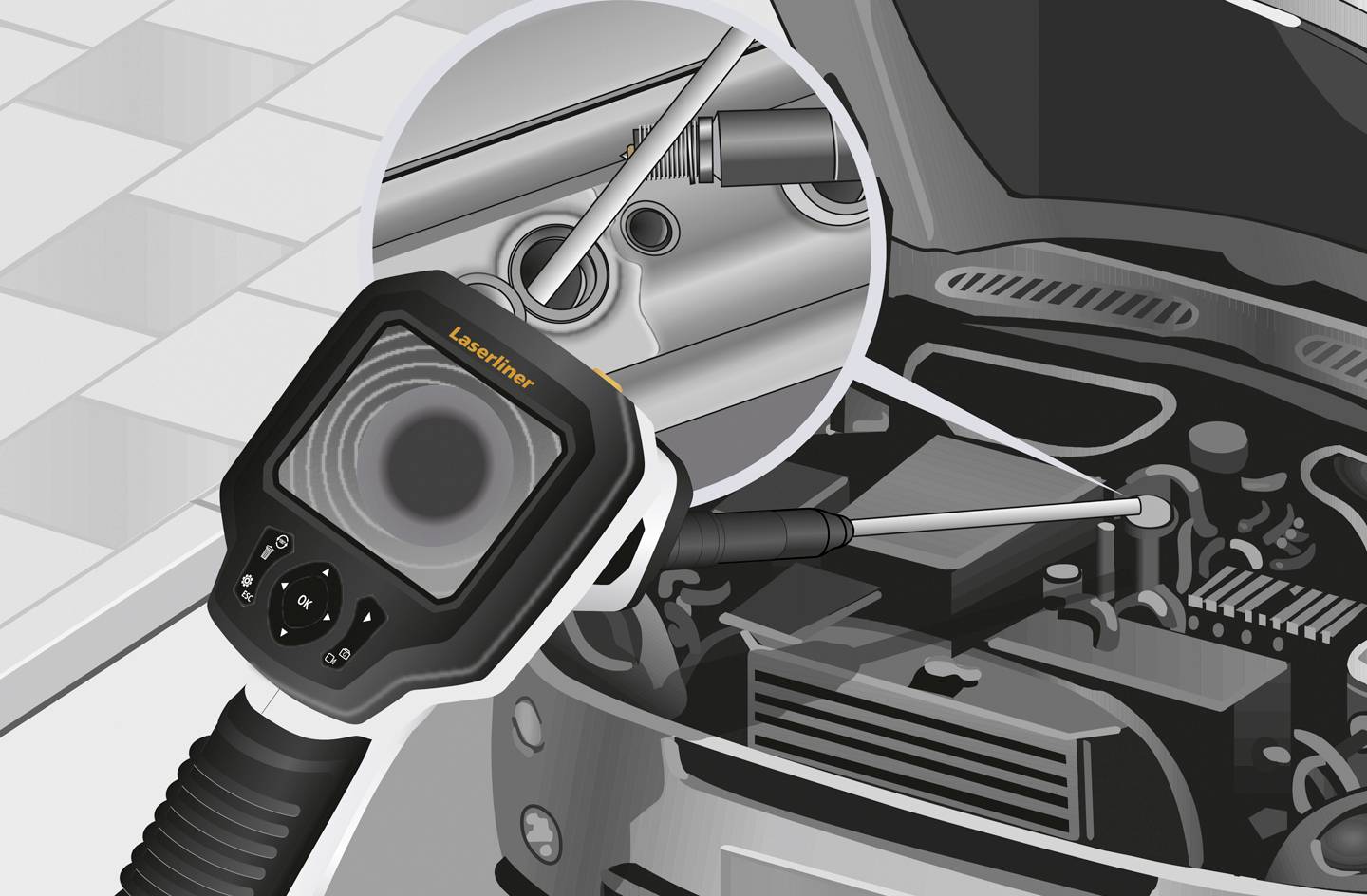 Endoscopische camera inspecteert de motor van een auto. Het scherm toont een close-up van het motordeel dat wordt gecontroleerd.