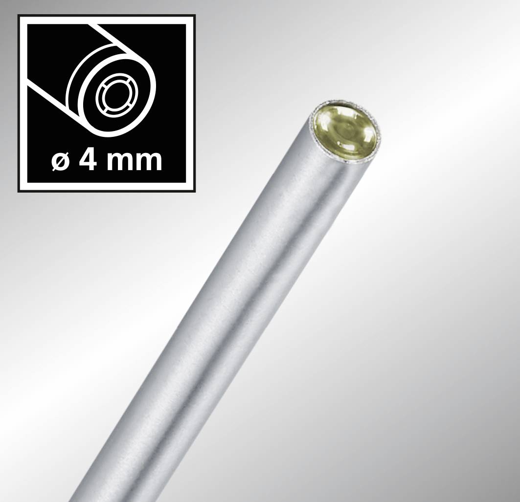 Een nadere blik op een zilveren buis met een diameter van 4 mm, zoals aangegeven in de ingezoomde grafiek linksboven.