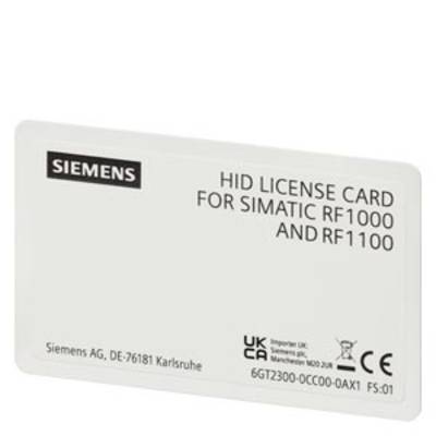 Kaart met opschrift 'HID Licentiekaart voor SIMATIC RF1000 en RF1100', Siemens-logo, UKCA-markering en technische tekst.
