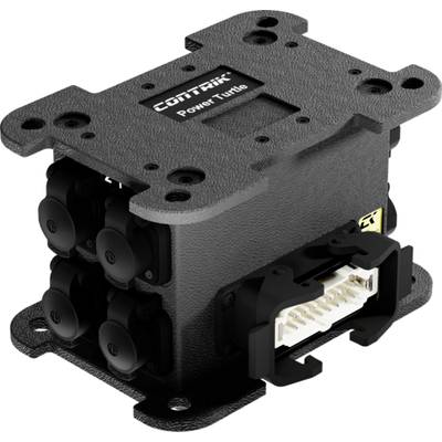 Elektrische module met meerdere stekkers en kabelaansluitingen, gemerkt met 'CONTRIK Power Turtle'.