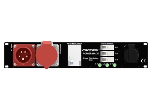 'Contrik Power Rack': Zwart paneel met rode en zwarte stekkers, schakelaars voor L1, L2, L3, en een witte hoofdschakelaar.