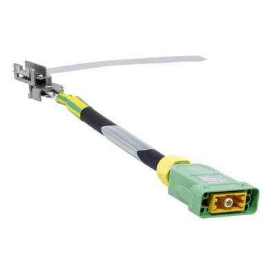 Een groene elektrische stekker met een gele inzetstuk en aangesloten kabel. Rechts een metalen bevestigingsclip.