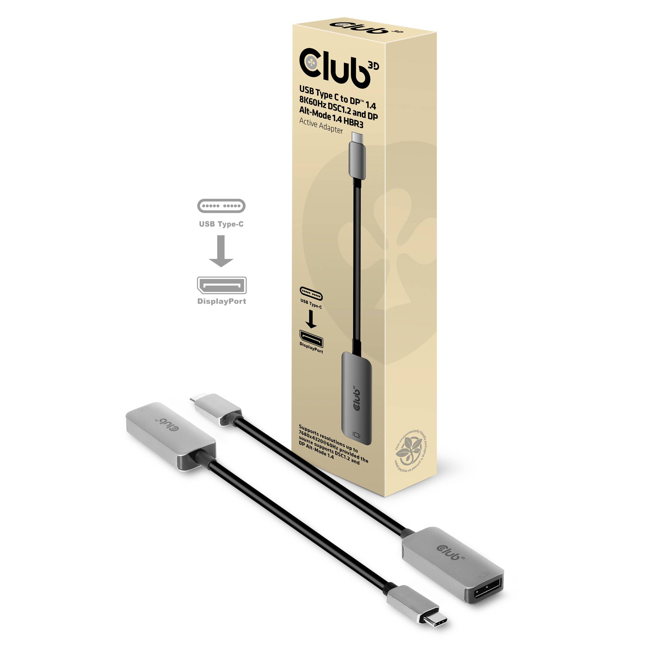 Een USB Type-C naar DisplayPort adapter-verpakking en de adapter zelf. De adapter is grijs met een zwart kabel, geschikt voor 4K bij 60Hz.