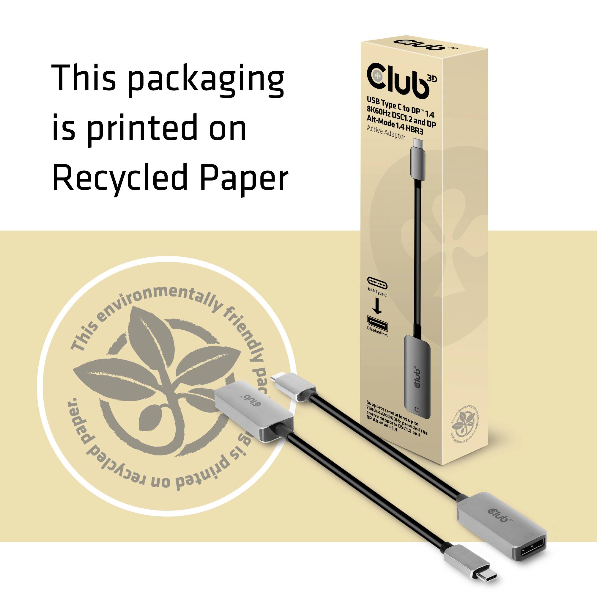 Verpakking van gerecycled papier. Afgebeeld is een adapterkabel met USB-C- en HDMI-aansluitingen.
