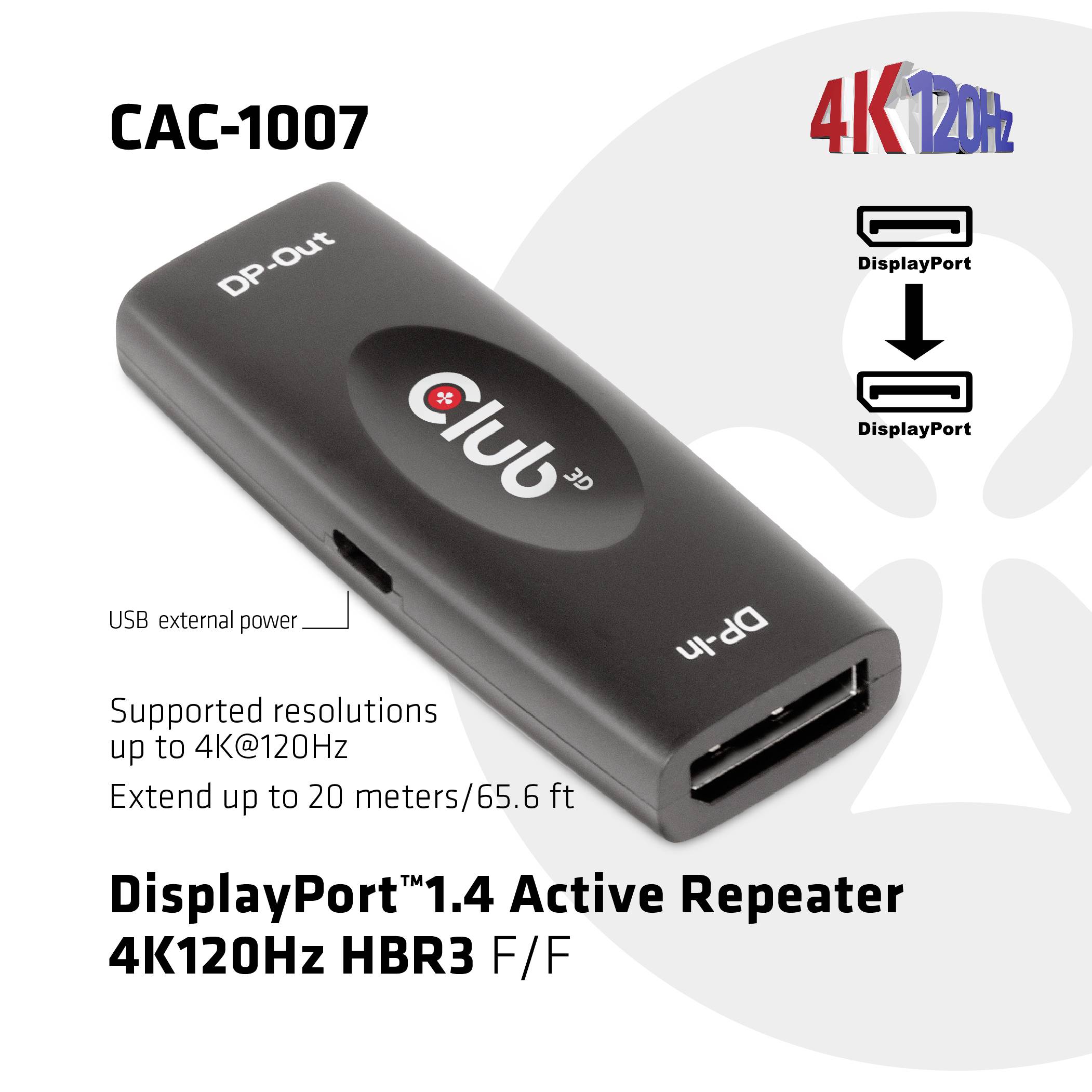 'DisplayPort 1.4 Active Repeater', USB-apparaat met aansluitingen voor DP-Out en DP-In, ondersteunt 4K-resolutie tot 20 meter.