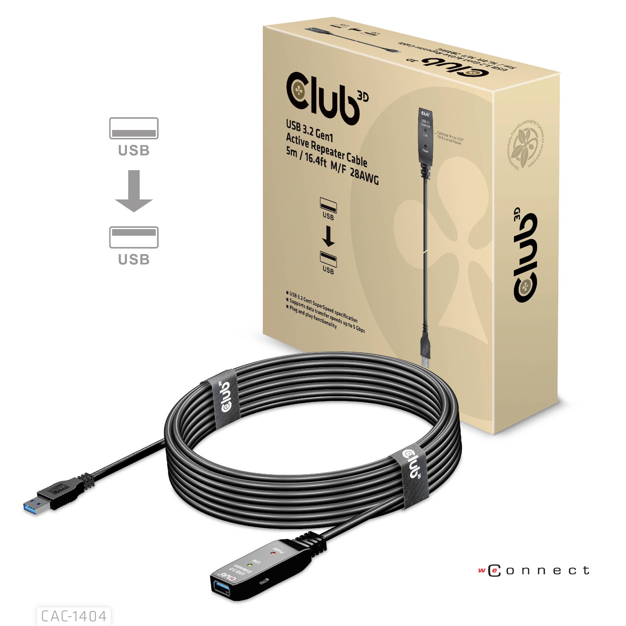 'Club3D USB 3.2 Active Repeater' kabel met productverpakking op de achtergrond. Kabel is 5m lang met USB-A naar USB-A aansluitingen.