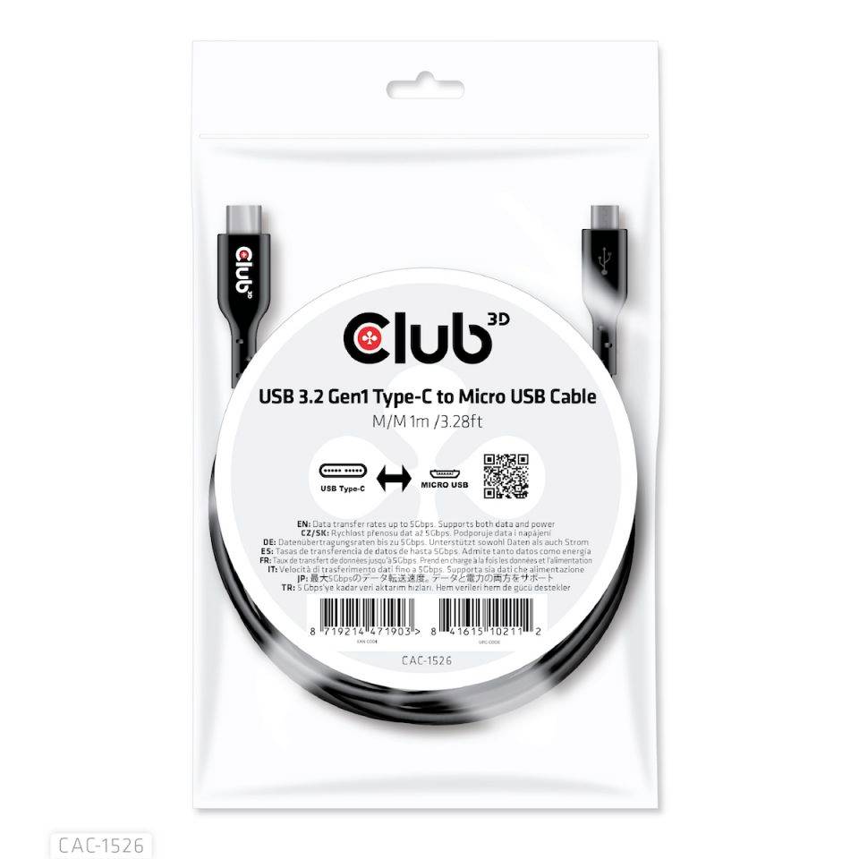 USB-kabel verpakking met opschrift: 'USB 3.2 Gen1 Type-C naar Micro USB-kabel, 1m'. Toont kabel met Type-C en Micro-USB-aansluitingen.