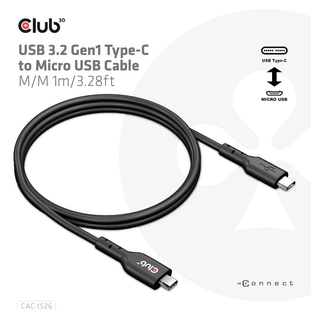 Een zwart USB 3.2 Gen1 Type-C naar Micro-USB-kabel, 1 meter lang, wordt als product getoond.
