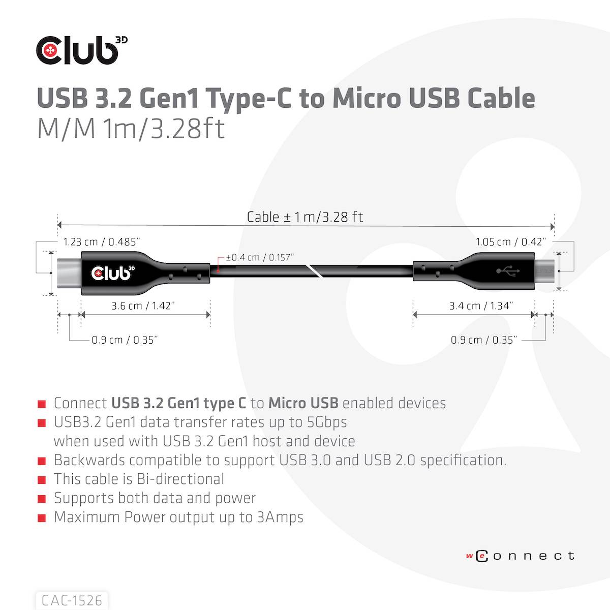 'USB 3.2 Gen1 Type-C naar Micro USB-kabel', 1 Meter, bidirectioneel, ondersteunt tot 3 Ampère. Geschikt voor apparaten met USB 3.2 Gen1.