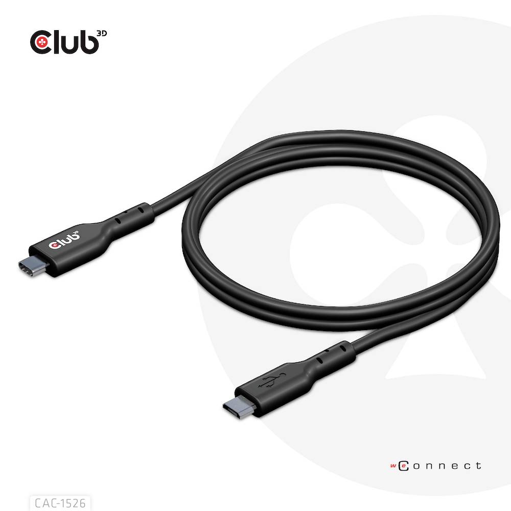Een zwart USB-kabel van Club3D met een USB-C-stekker aan beide uiteinden. Het logo en modelnummer CAC-1526 zijn zichtbaar.
