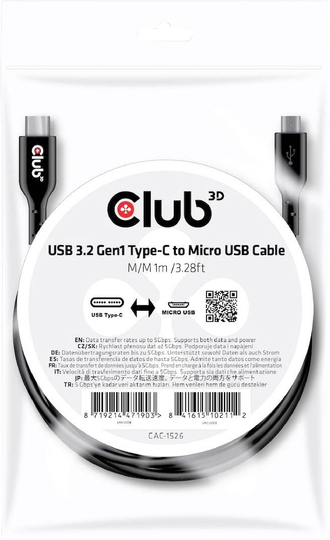 De verpakking toont een USB 3.2 Gen1 Type-C naar Micro-USB kabel, 1 meter lang. Ondersteunt gegevensoverdracht tot 5 Gbps, voor data en stroom.