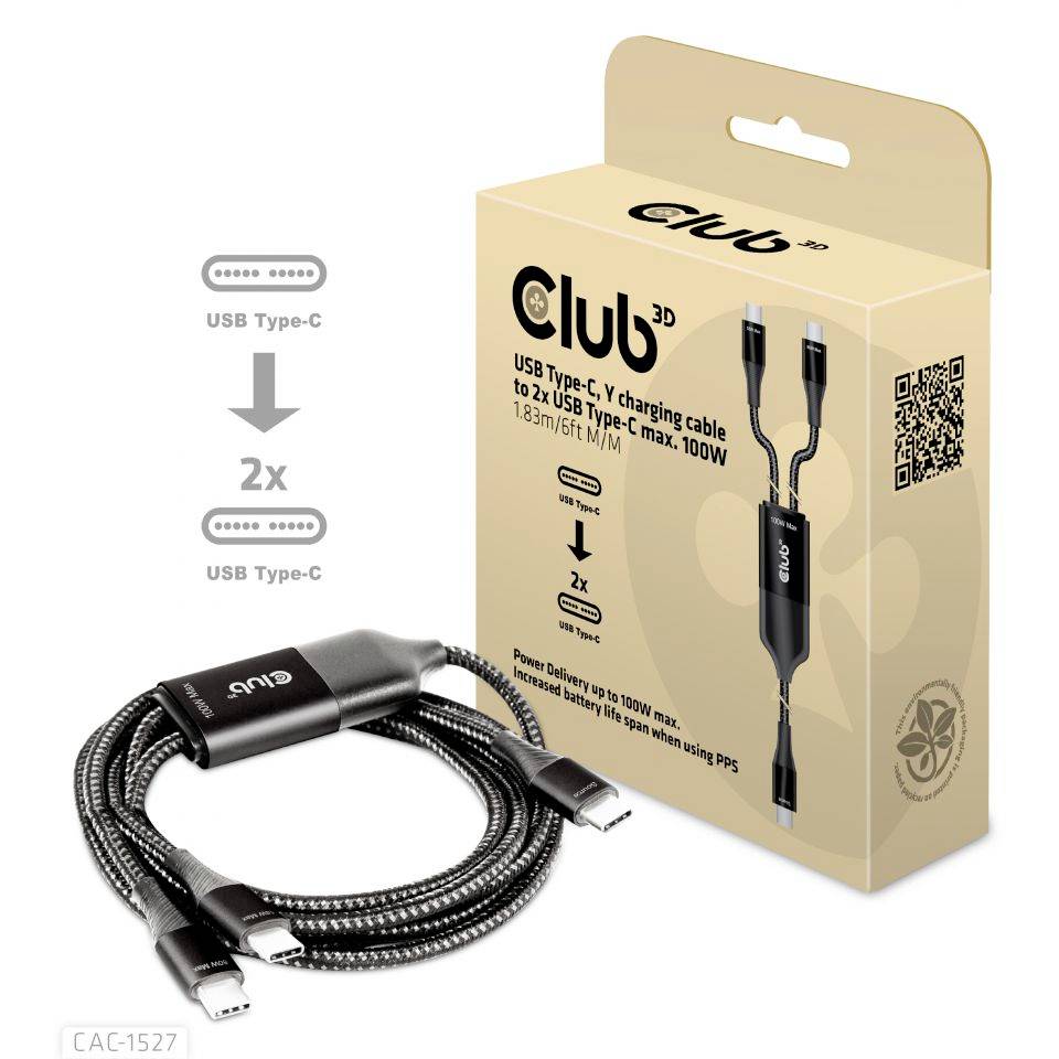 'USB Type-C Y-kabel, 1,83m, max. 100W laadvermogen voor twee USB Type-C apparaten tegelijkertijd. Ondersteunt PD 100W met PPS.' Verpakking en kabel afgebeeld.
