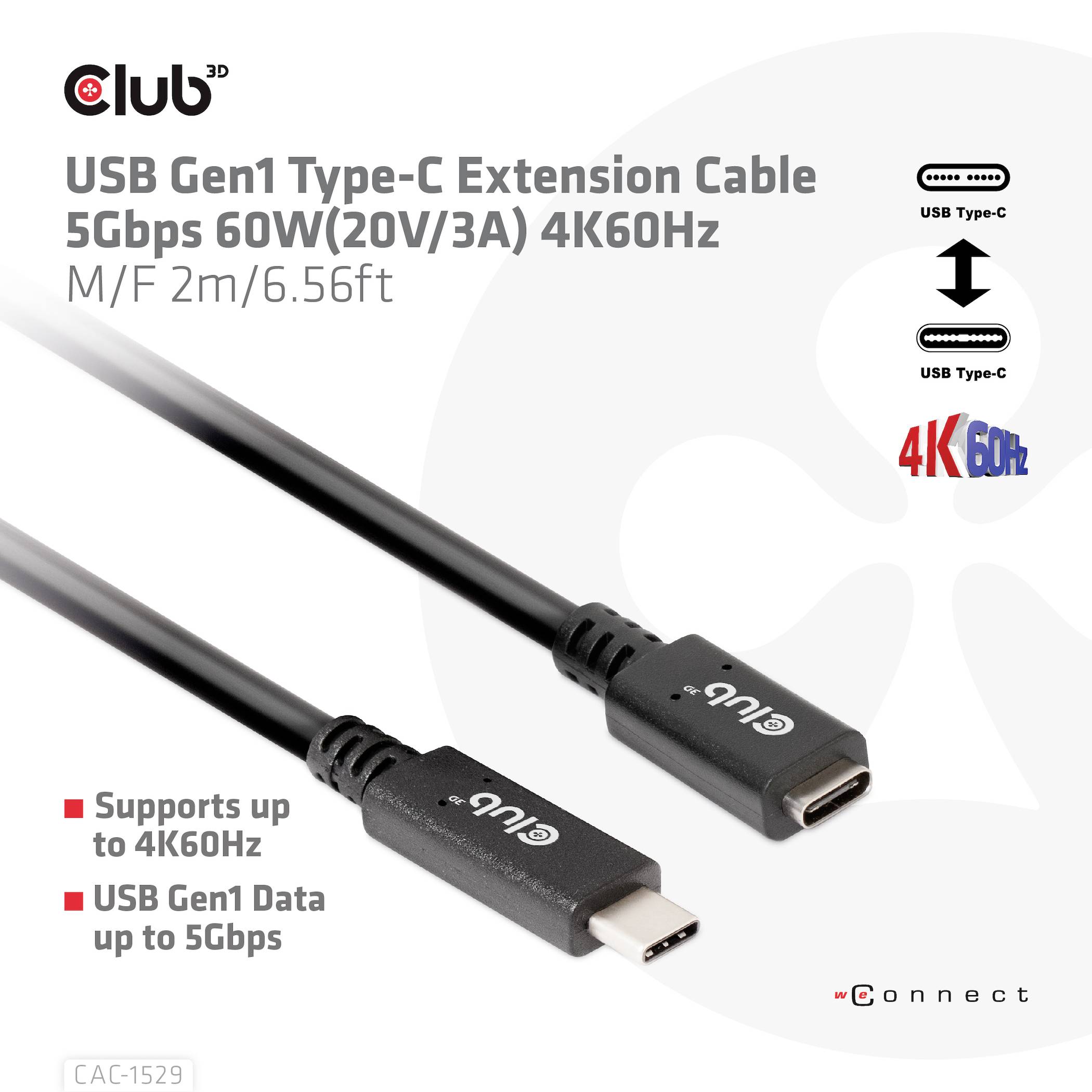 'USB Gen1 Type-C verlengkabel, 2m, 5Gbps, 20V/3A, 4K60Hz. Ondersteunt tot 4K60Hz. USB Gen1-data tot 5Gbps.'