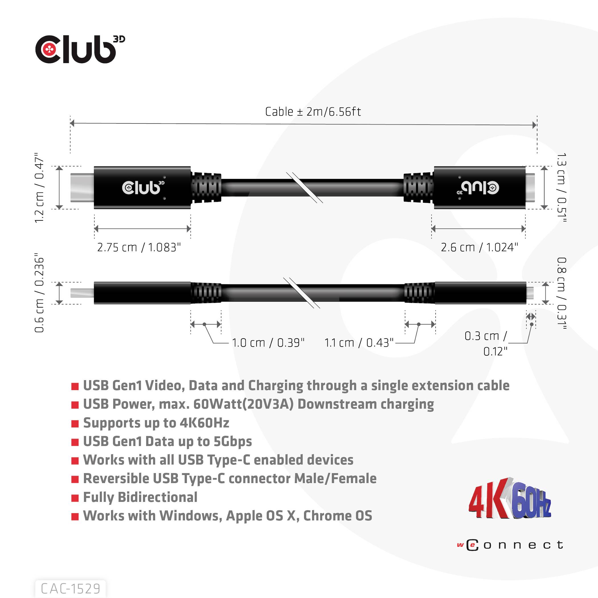 Diagram van een Club 3D-kabel met USB-C-aansluitingen, 60W vermogen. Totale lengte 2,6 m; compatibel met Type-C-apparaten en Windows, Chrome OS.