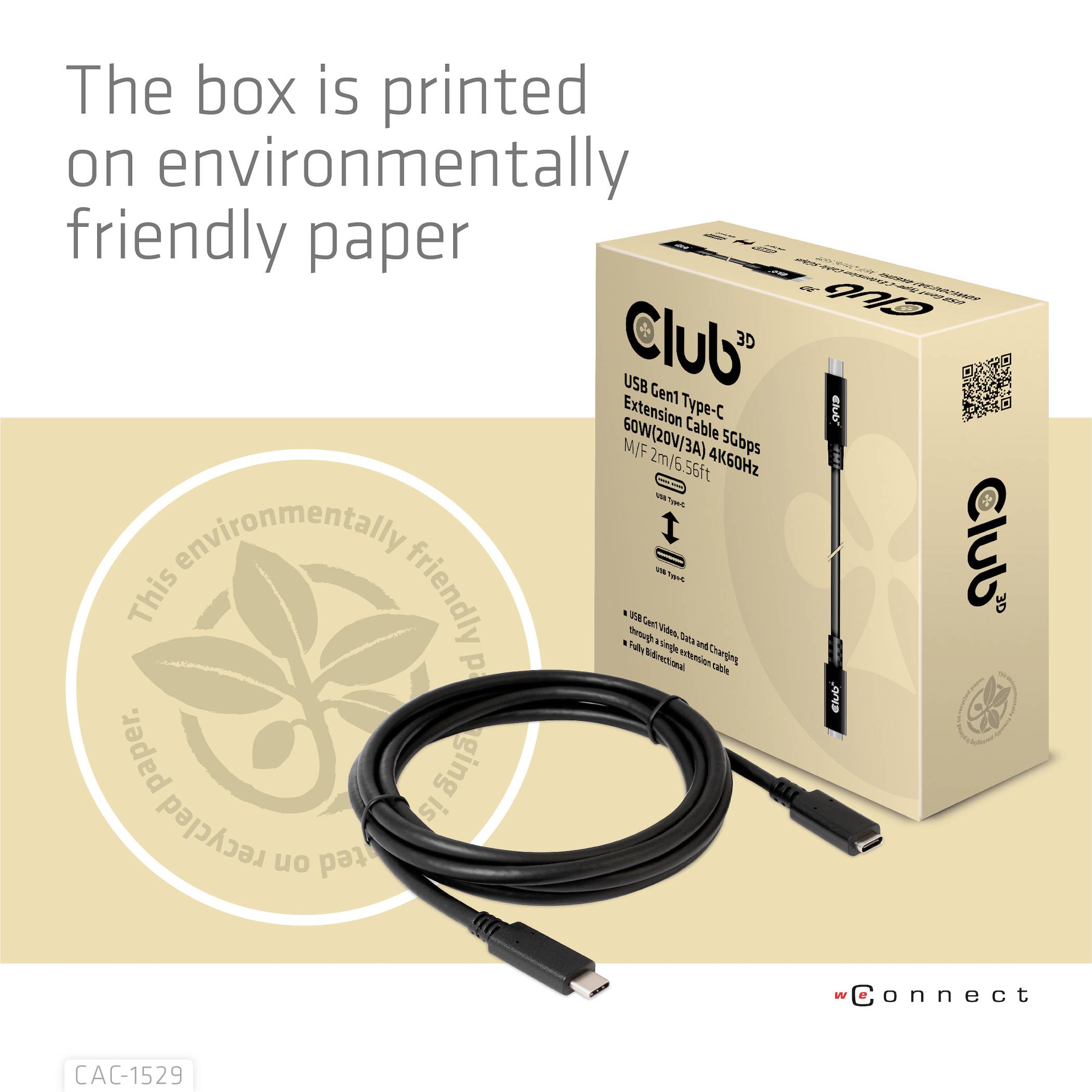 'Club 3D USB-C-kabel, 60W/240W, 5/8 voet. Verpakking van milieuvriendelijk papier. Zwarte kabel naast de doos.'