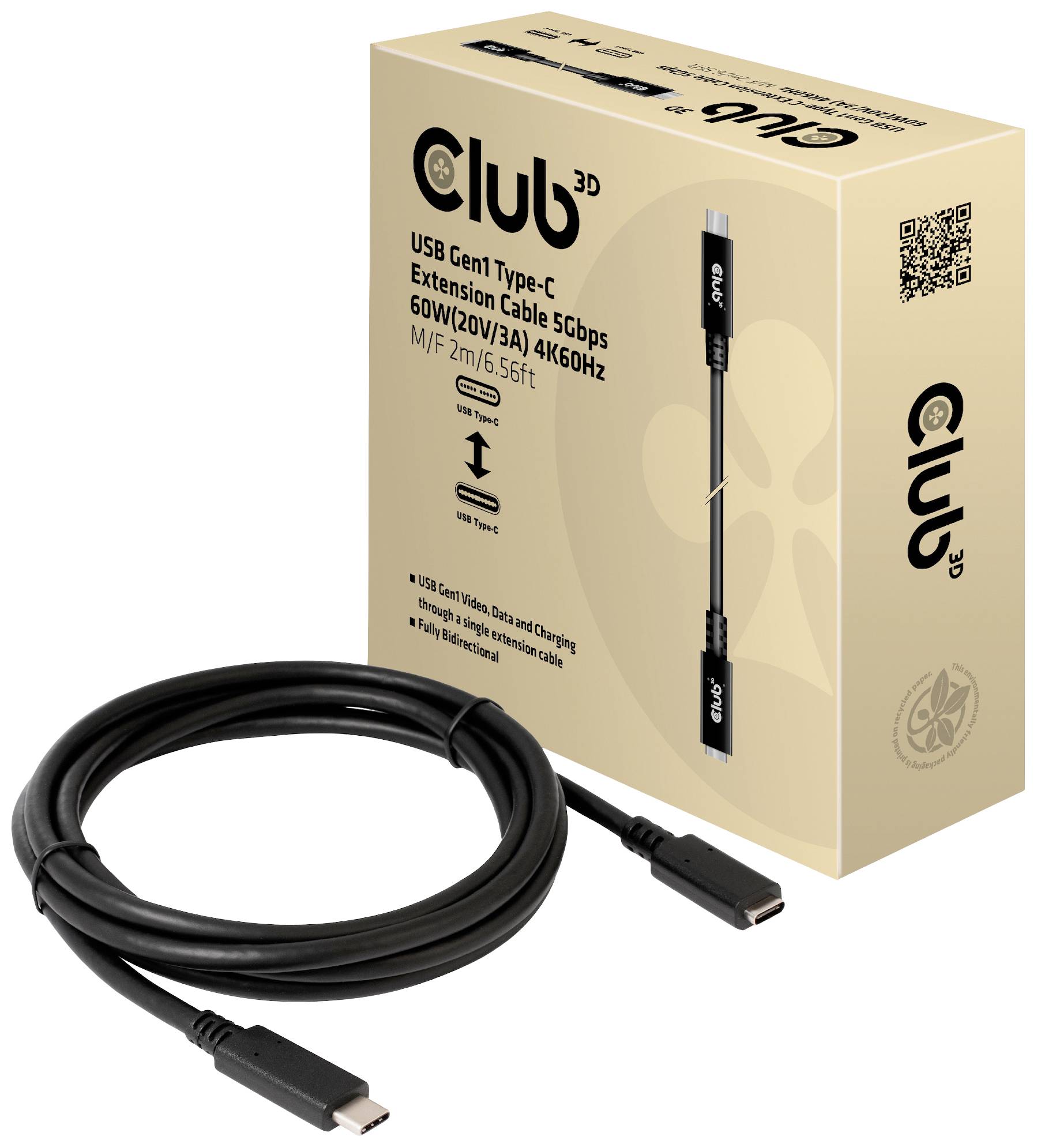 Kabel en verpakking van een Club 3D USB Gen1 Type-C verlengkabel, 1,8 m lang, ondersteunt 5 Gbps gegevensoverdracht en 60 W vermogen.