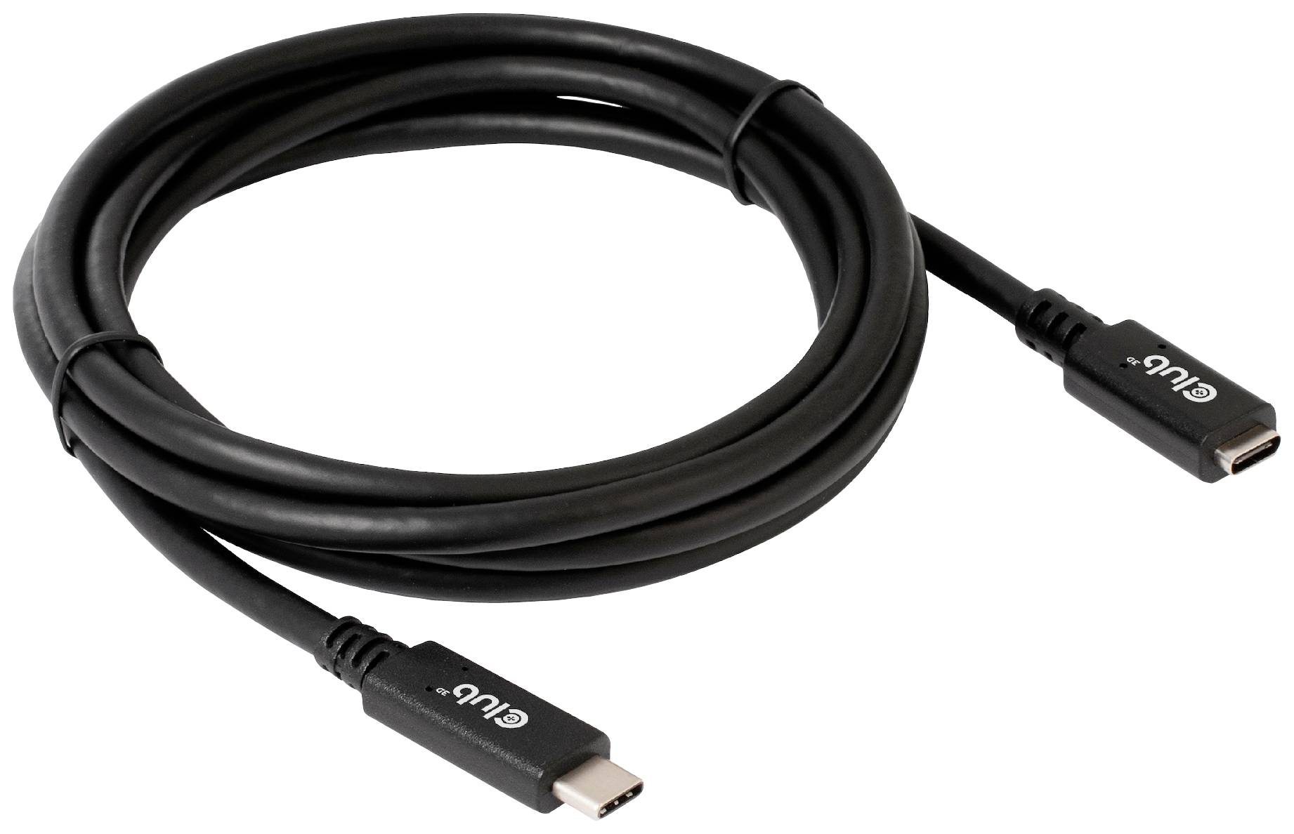 Een zwart USB-C-kabel die is opgerold, met aansluitingen aan beide uiteinden. Geschikt voor gegevensoverdracht en opladen.