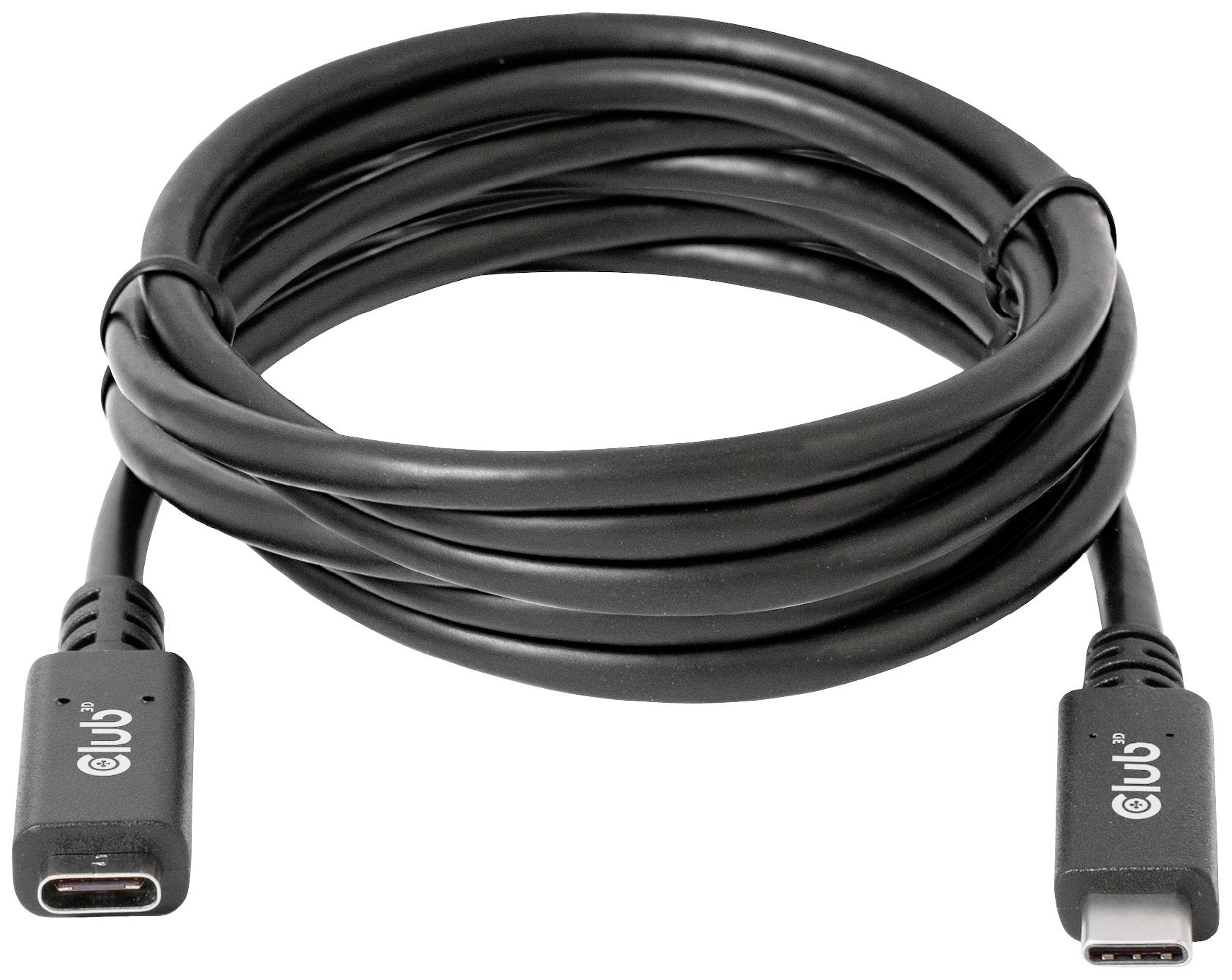 Een zwart USB-C-kabel, opgerold en zichtbaar aan beide uiteinden.