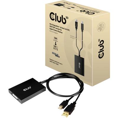 Een verpakking van 'Club 3D' voor een Mini DisplayPort naar Dual Link DVI-adapter, met afgebeelde adapter en kabel voor aansluiting.