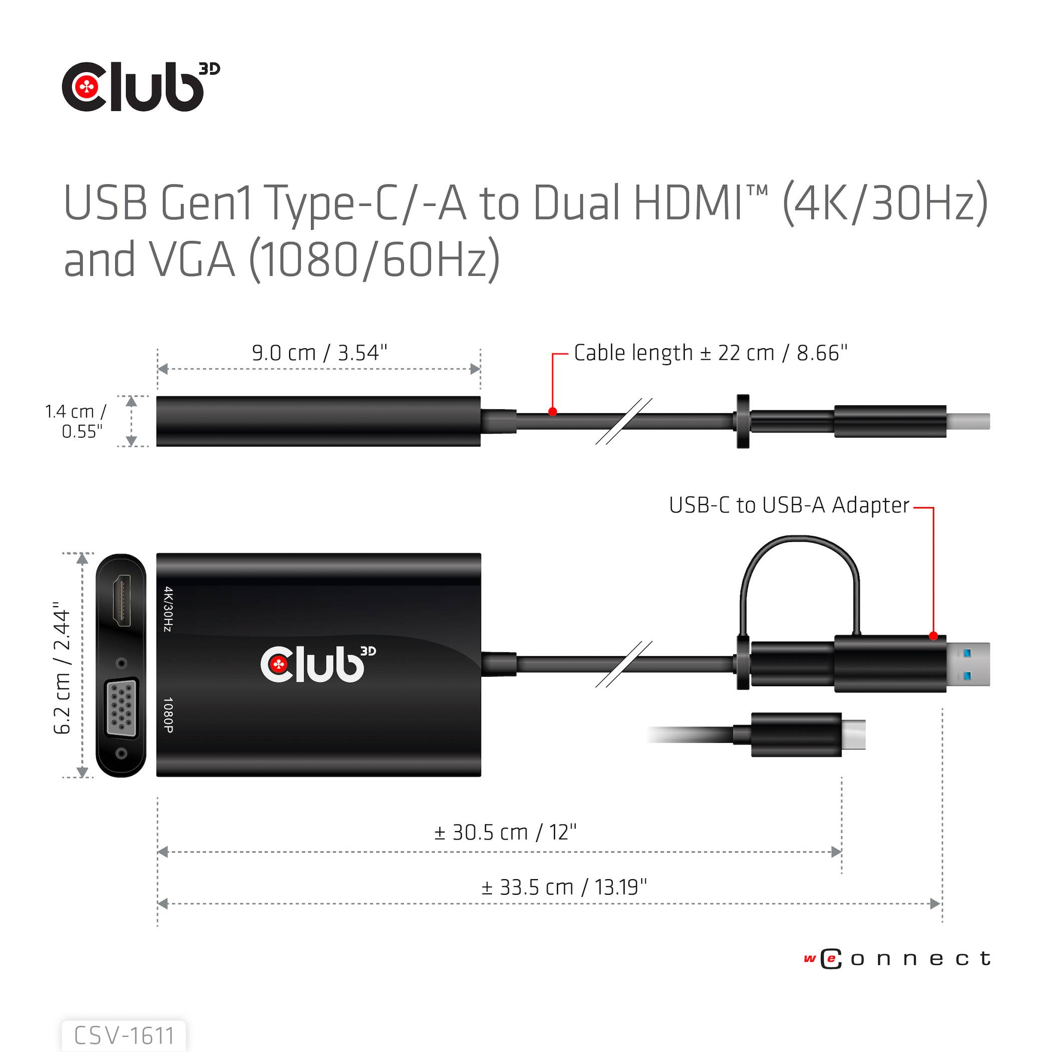 'Adapter van Club3D: USB Gen1 Type-C/-A naar Dual HDMI (4K/30Hz) en VGA (1080/60Hz). Kabellengte: 22 cm, adapterlengte: 33,5 cm.'