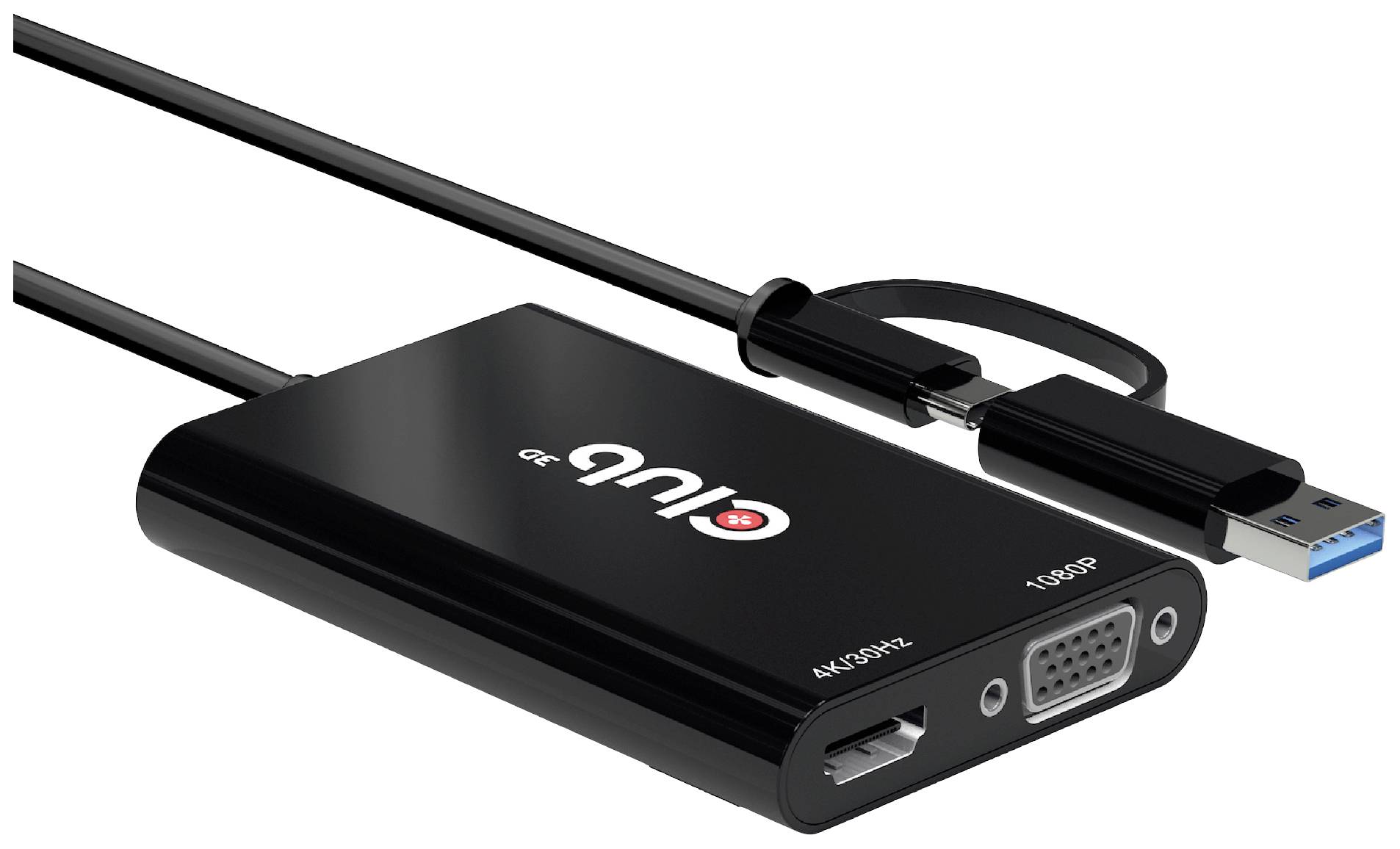 Externe zwarte USB-3.0-adapter met HDMI- en VGA-aansluitingen van Club 3D voor schermuitbreiding.