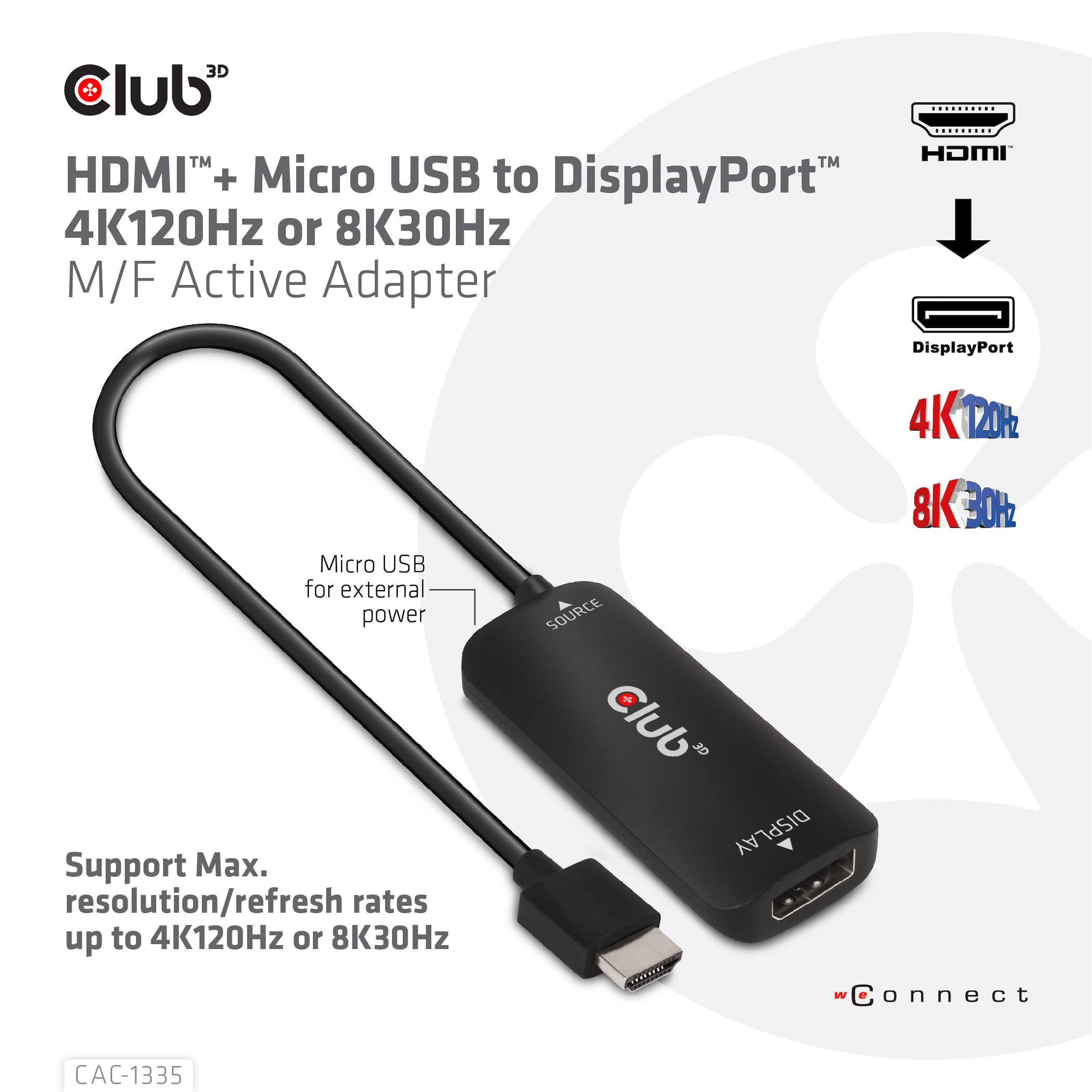 Adapter met Micro-USB-aansluiting voor HDMI naar DisplayPort, ondersteunt 4K bij 120 Hz of 8K bij 30 Hz. Geschikt voor hoge resoluties.
